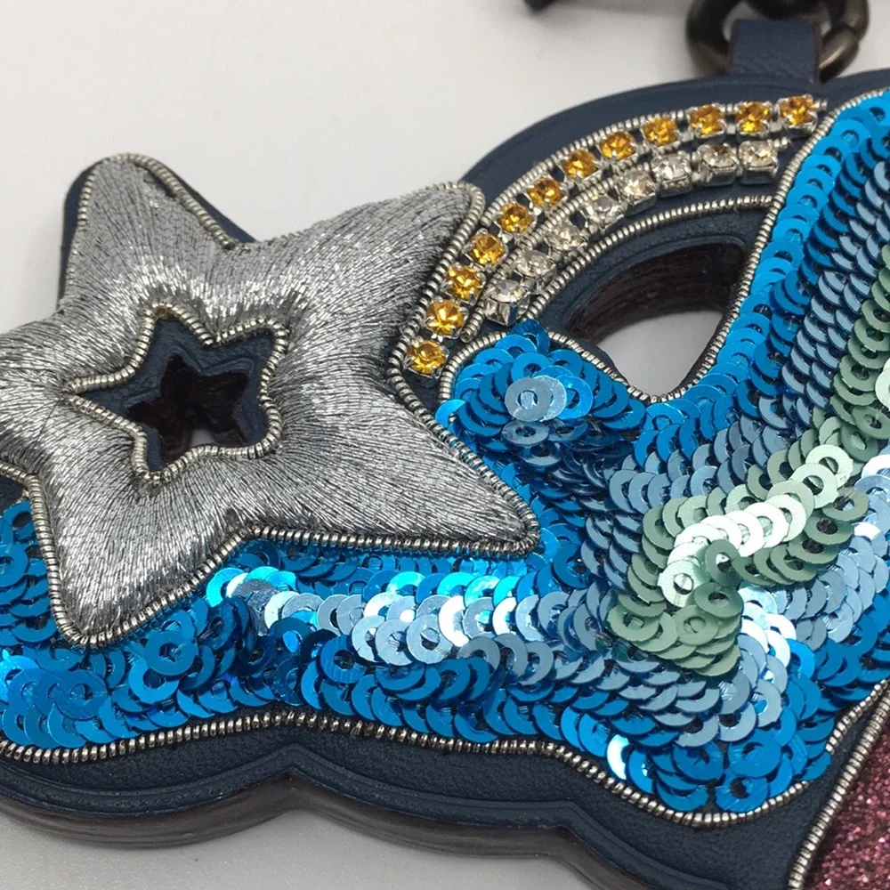 NWT Coach Style 24333 Cloud and Stars Leather and Sequined Key Bag Charm Denim - Picture 5 of 16